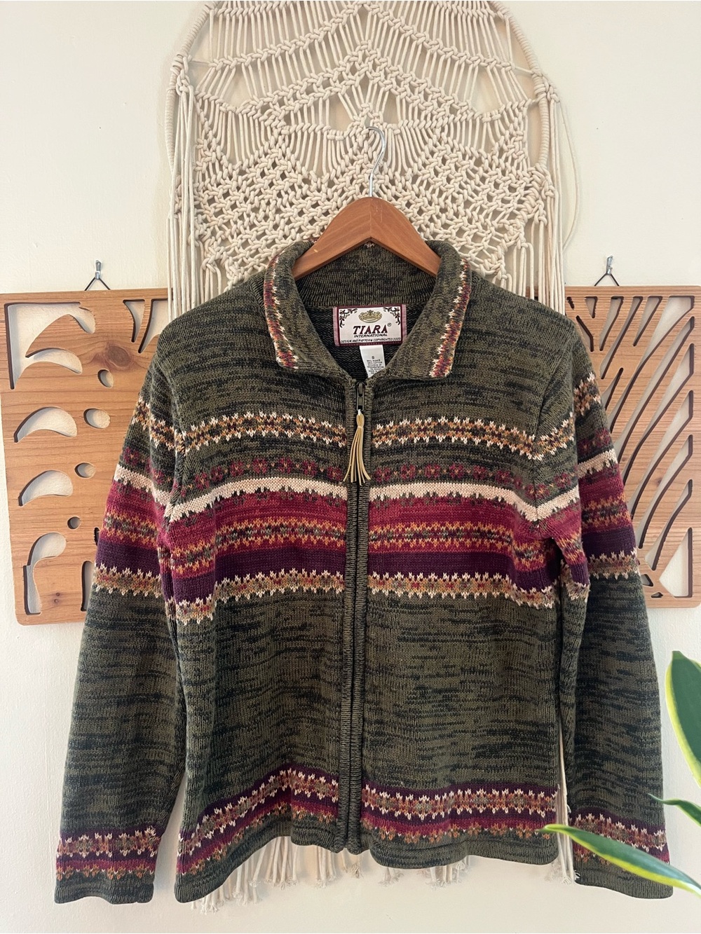 Vintage Tiara International Fair Isle Full Zip Cardigan Sweater Jacket Green